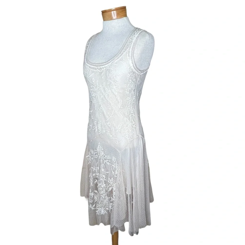 Johnny Was Biya Parchment Sheer Netting Embroidered Dress With Slip Small NWT - Picture 1 of 16